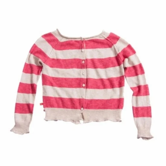 This Bengh Per Principesse Striped Sweater can be worn as either a sweater or as a cardigan. It has a button closure, raglan sleeves, and a glitter border at the neck.