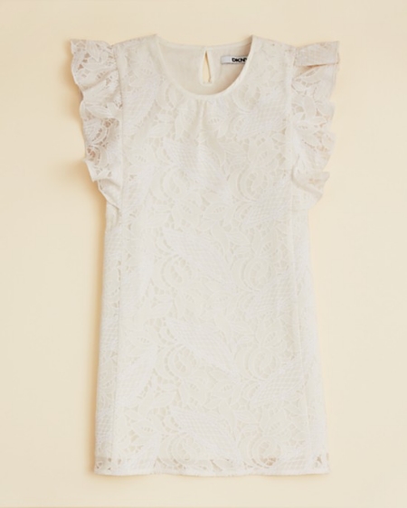 This DKNY Girl's Lace Dress is an elegant design for your little one, with a flutter sleeve design and a beautiful Lace overlay.