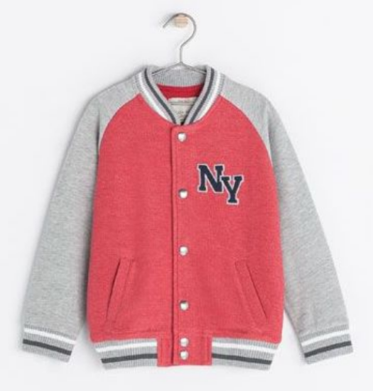 This Zara JACKET WITH A PATCH ON THE FRONT is a boys jacket, but would be just as cool and cute on a girl. It has traditional varsity details with snaps at the front, "NY" embroidered patch at left chest, and striped ribbed neckline, cuffs and hem. 