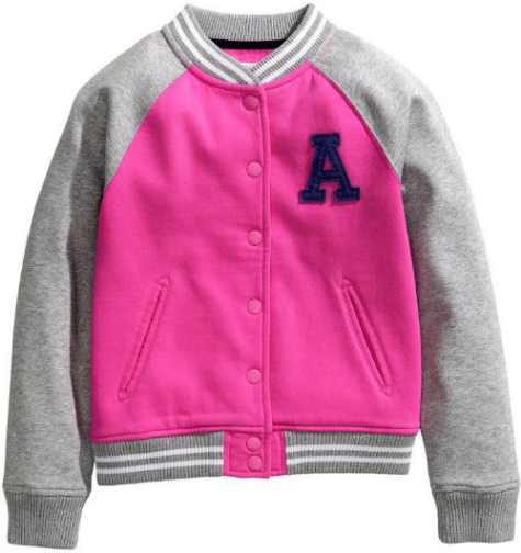 This H&M Baseball Jacket is in sweatshirt fabric with contrasting sleeves, printed design at back, and appliqué patch at left chest. It also has snap fasteners at front, ribbed cuffs and hem.