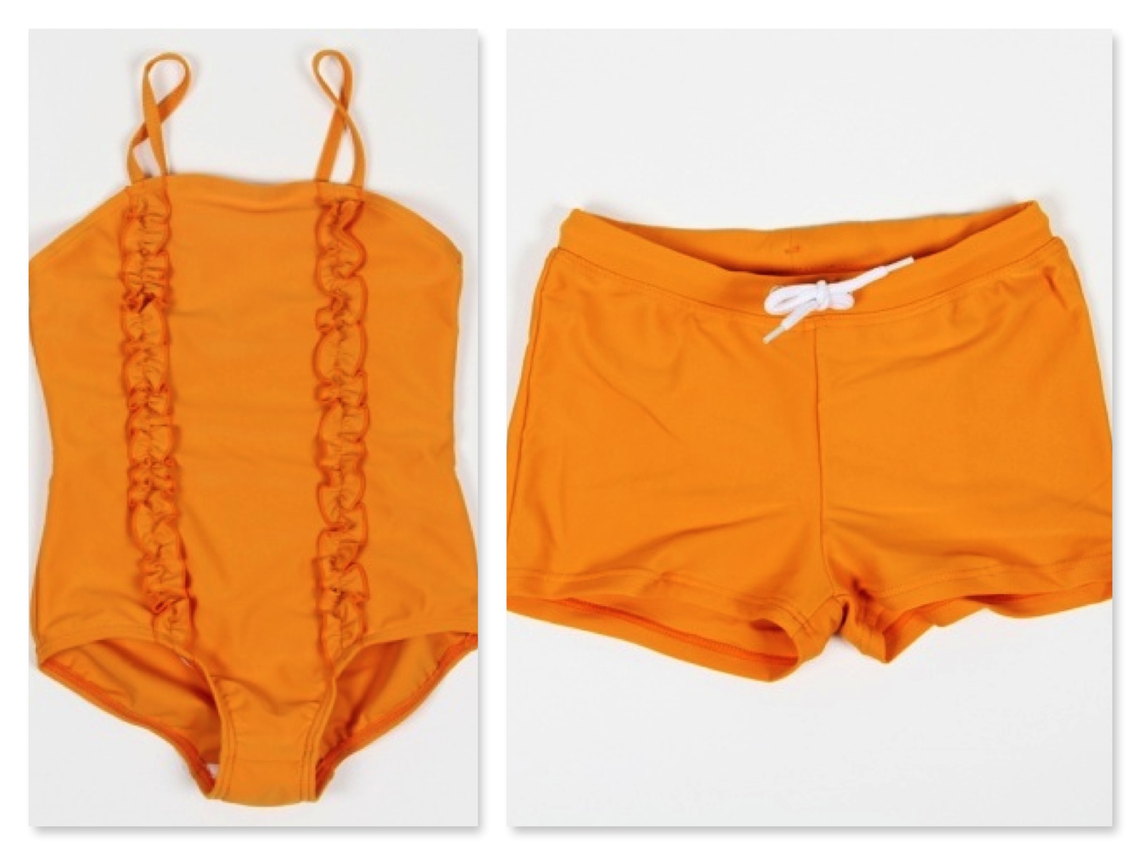 Mini Rodini girls SIRMIONE SWIMSUIT ORANGE with two frills at front and boys SWIM PANTS ORANGE 