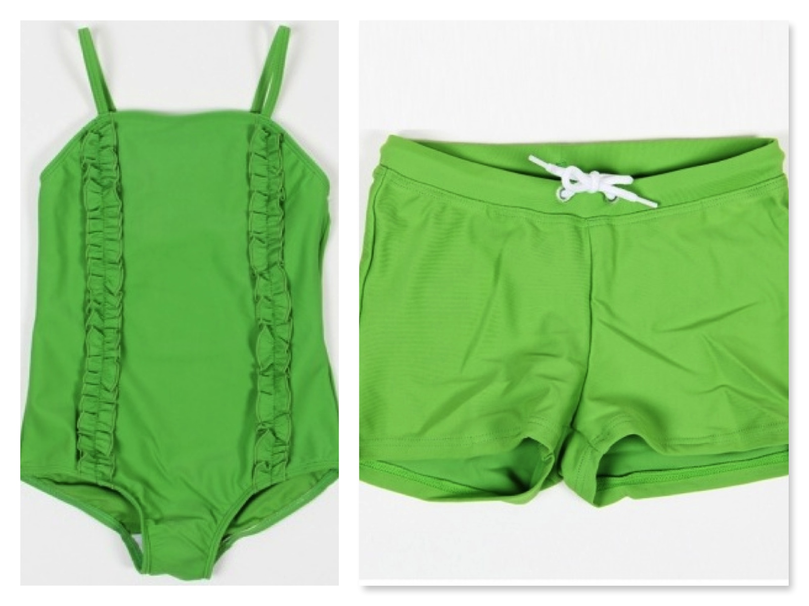 Mini Rodini girls SIRMIONE SWIMSUIT GREEN with two frills at front and boys SWIM PANTS GREEN