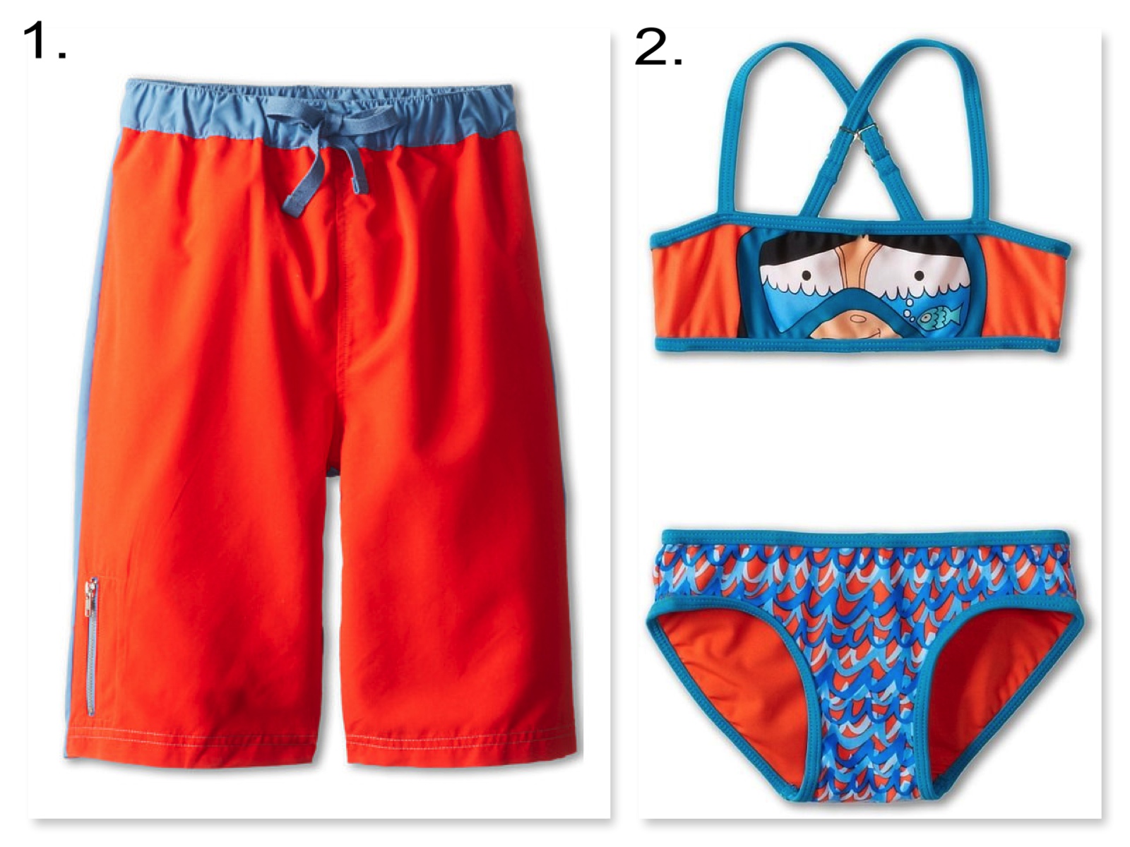 Your little ones will be colorful cuties in these hot lava & turquoise fun color block & girl's snorkeling Swimsuits. 1. Appaman Kids Contrast Colorblock Swim Trunks | 2. Little Marc Jacobs Bandeau Top & Classic Bottom Bikini Set 