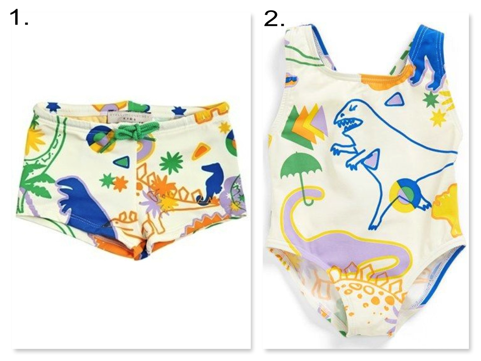Your little ones will look and stay cool in these matching dinosaur print Swimsuits. 1. STELLA MCCARTNEY KIDS DINOSAUR PRINTED SWIM SHORTS | 2. Stella McCartney Kids 'Imogen' One-Piece Swimsuit 