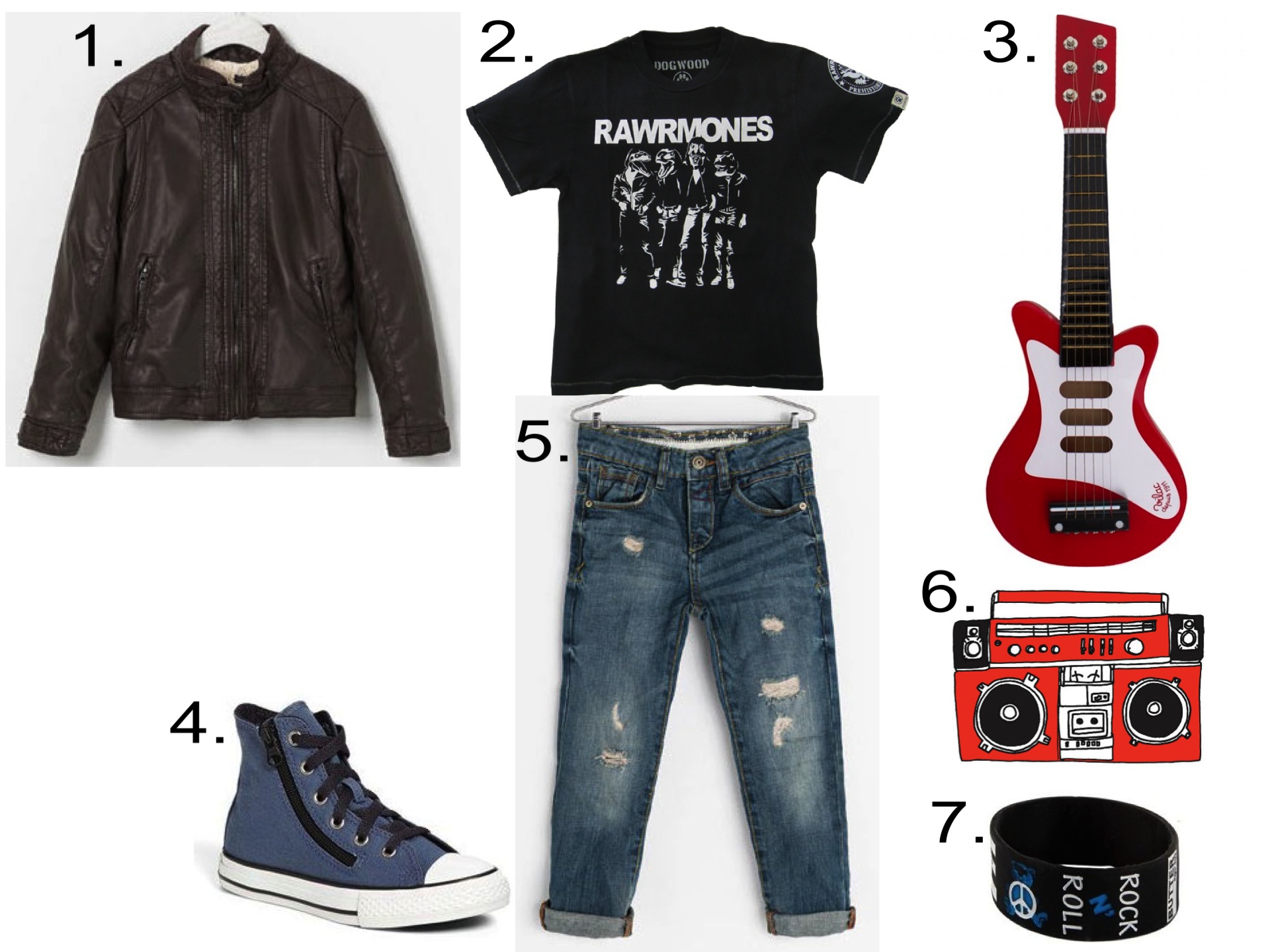 A cute outfit for your future Rawrmone! 1. Zara FAUX LEATHER JACKET | 2. Dogwood Rawrmones Tee | 3. Vilac Red Wooden Guitar | 4. Converse Chuck Taylor® All Star® High-Top Sneaker | 5. Zara RIPPED DENIM TROUSERS | 6. Tattly MINI STEREO Temporary Tattoo | 7. KIDS TEDDY BEAR ROCK N' ROLL BUTTER BRACELET