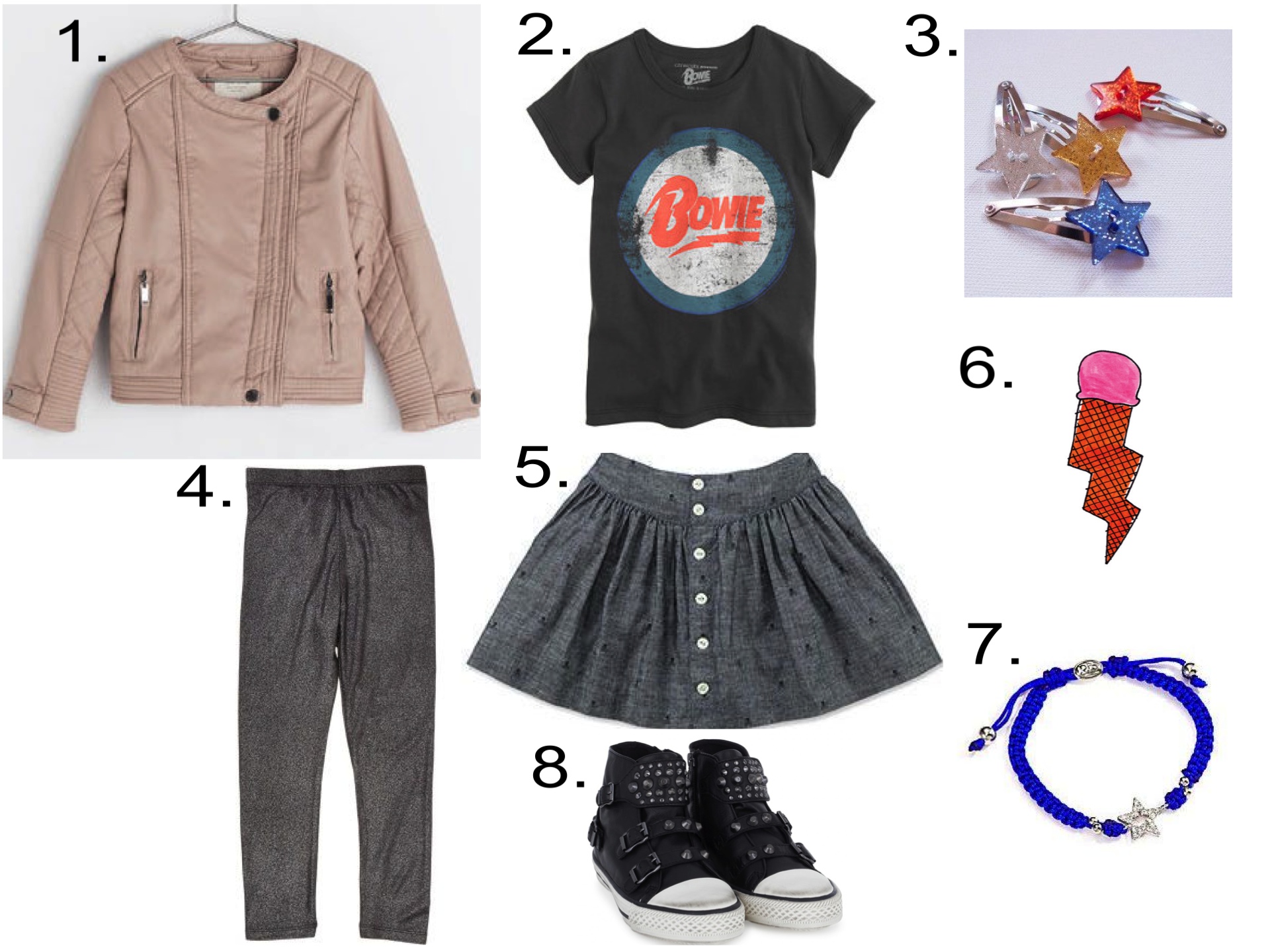 A cute outfit for your future Rock Star! 1. Zara FAUX LEATHER JACKET | 2. GIRLS' BRAVADO™ ROCK TEE FOR CREWCUTS | 3. ATELiER ATSUYO ET AKiKO HAiR PiN | 4. IMOGA Alyssa Leggings | 5. Ralph Lauren Girls Skull Chambray Skirt | 6. Tattly ICE CREAM BOLT Temporary Tattoo | 7. Rolf Bleu Girl's Aubrey Star Bracelet | 8. Ash Shoes Leather Stud Buckle High Tops
