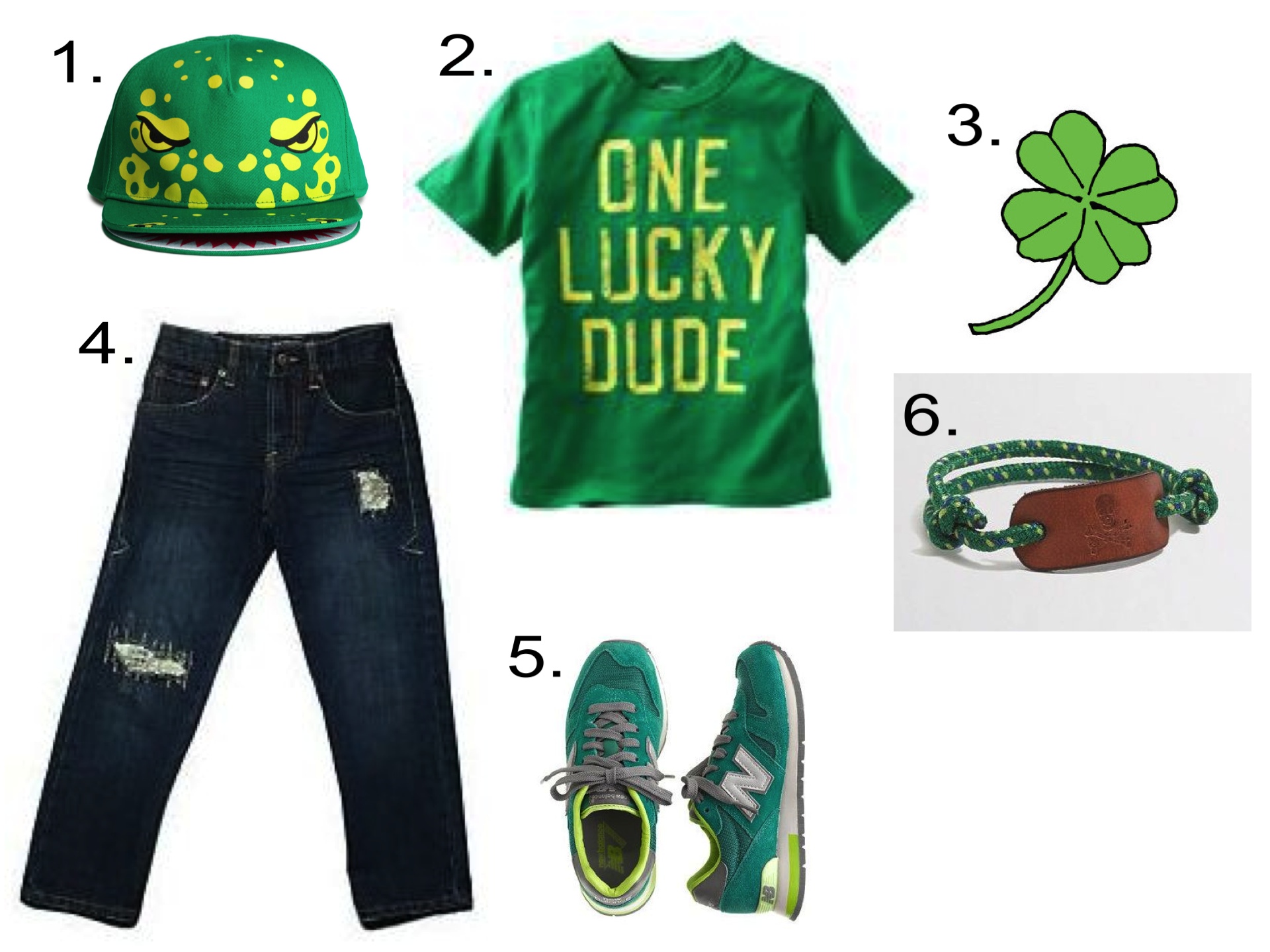 For your One Lucky Dude... 1. H&M Cotton Cap | 2. OSHKOSH B'GOSH GRAPHIC TEE | 3. Tattly FOUR-LEAF CLOVER Temporary Tattoo | 4. Lucky Brand BILLY RIP & REPAIR | 5. KIDS' NEW BALANCE® FOR CREWCUTS SNEAKERS | 6. J.Crew FACTORY BOYS' SKULL ROPE BRACELET 