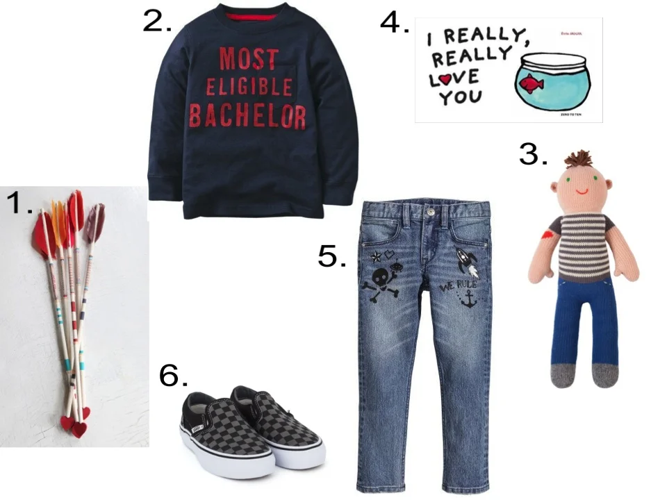 For your Funny Little Valentine, I Love Pairing a Statement Graphic T-Shirt with a Cool pair of Denim Doodle Jeans, Classic Checkerboard Slip On Vans, DIY Valentines Arrows, a Fun Board Book, and a Rocker Knit Doll! 1. DIY Project: Vintage Arrow Valentine | 2. Carter's Valentine's Day Tee | 3. Blabla Otto the Rocker Doll | 4. I Really Really Love You Board Book by Emile Jadoul | 5. H&M Slim Jeans | 6 . Vans Black Checkerboard Classic Slip Ons 