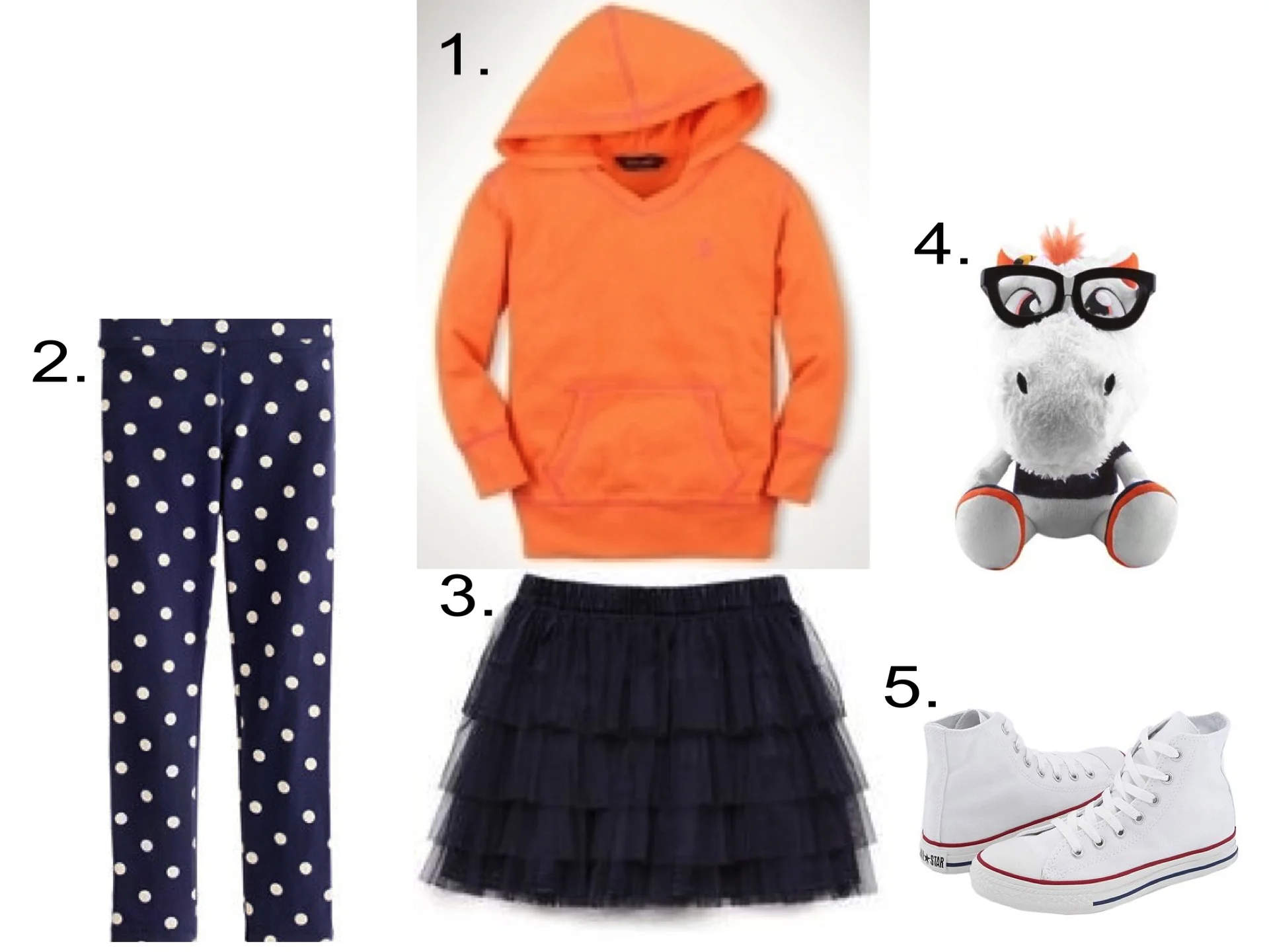 For Darling Little Denver Broncos Fans I love a Hoodie worn with a Tiered Tutu and Polka Dot Leggings in her Favorite Team's Colors. Since I like mixing Girly with Tomboy, these Converse High Tops are perfect to complete her Game Day Outfit. She will Love this Plush Team Mascot with nerdy glasses (very trendy and geek chic!) 1. Ralph Lauren Contrast Cover Stitched Hoodie | 2. J.Crew Girls' Everyday Leggings | 3. Forever 21 Fancy Tulle Skirt | 4. Denver Broncos Mascot Study Buddy | 5. Converse All Star® Core Hi Top