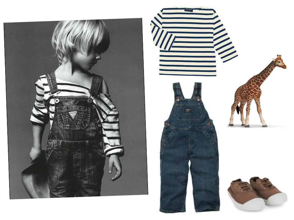 For a Stylish Trendy Look, I love the Classic French-Sailor Striped T-Shirt outfitted with the genuine article, OshKosh B'Gosh Overalls , and worn with a great pair of light-weight minimalist sneakers like these Unisex Bensimon plimsoles (Bensimon is also a French brand-- très chic). And your son or daughter won't think the outfit is complete without their favorite animal, my son's favorite is this Schleich Giraffe that he takes everywhere with him! 
