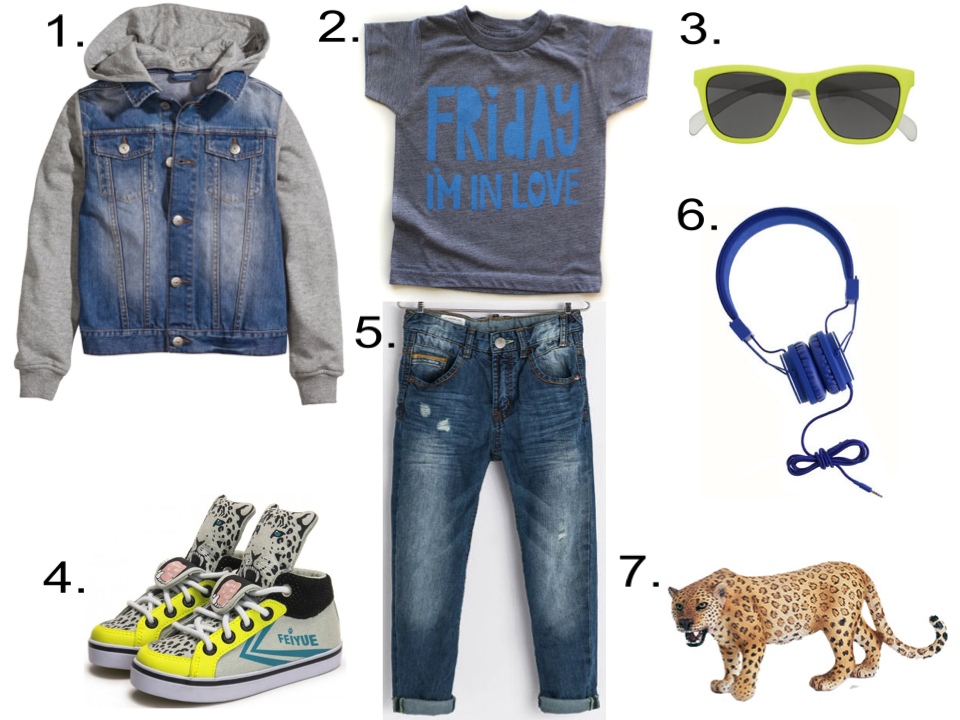 Your Little One will look Cool in this Graphic T-Shirt worn with distressed regular fit jeans and the "It Shoes of the Season" . 1. H&M Denim Jacket with Hood | 2. MamaCasePrints Friday I'm in Love | 3. J.Crew KIDS' SUNNIES | 4. FEIYUE DELTA MID KID X MILK ON THE ROCK LEOPARD | 5. Zara REGULAR FIT JEANS | 6. URBANEARS™ HEADPHONES | 7. Schleich Leopard