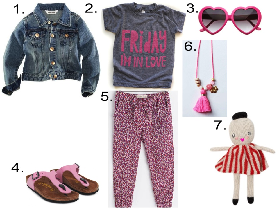 Your Little One will look Cool in this Graphic T-Shirt worn with floral print soft pants and birkenstocks . 1. H&M Denim Jacket | 2. MamaCasePrints Friday I'm in Love | 3. GirlPROPS Lolita Heart Shaped Sunglasses | 4. Birkenstock Patent Pink Gizeh Sandals | 5. Zara FLORAL PRINT TROUSERS | 6. Cherry Necklace by Louise Misha | 7. LUCKYBOYSUNDAY Miss White doll
