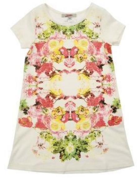 This JUNIOR GAULTIER Dress is in jersey and has a placed Floral design, round collar, and short sleeves. This is an adorable Spring Floral Dress.