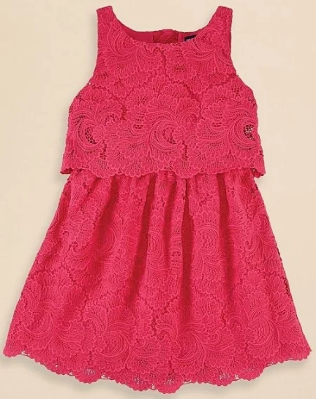 This Ralph Lauren Lace Dress is an adorably vibrant Lace Dress with a sleeveless silhouette and a delicate Lace overlay for a sweet look.