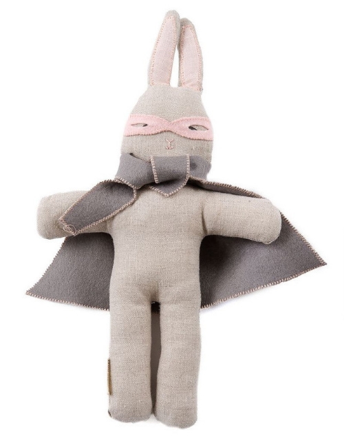 This Kathryn Davey Super Bunny is made with Linen & filled with Bio degradable sustainable fiber filling. This Super Bunny is available with a pink or grey cloak, making it the perfect Super Bunny for a boy or a girl. Handcrafted in San Francisco with love. 