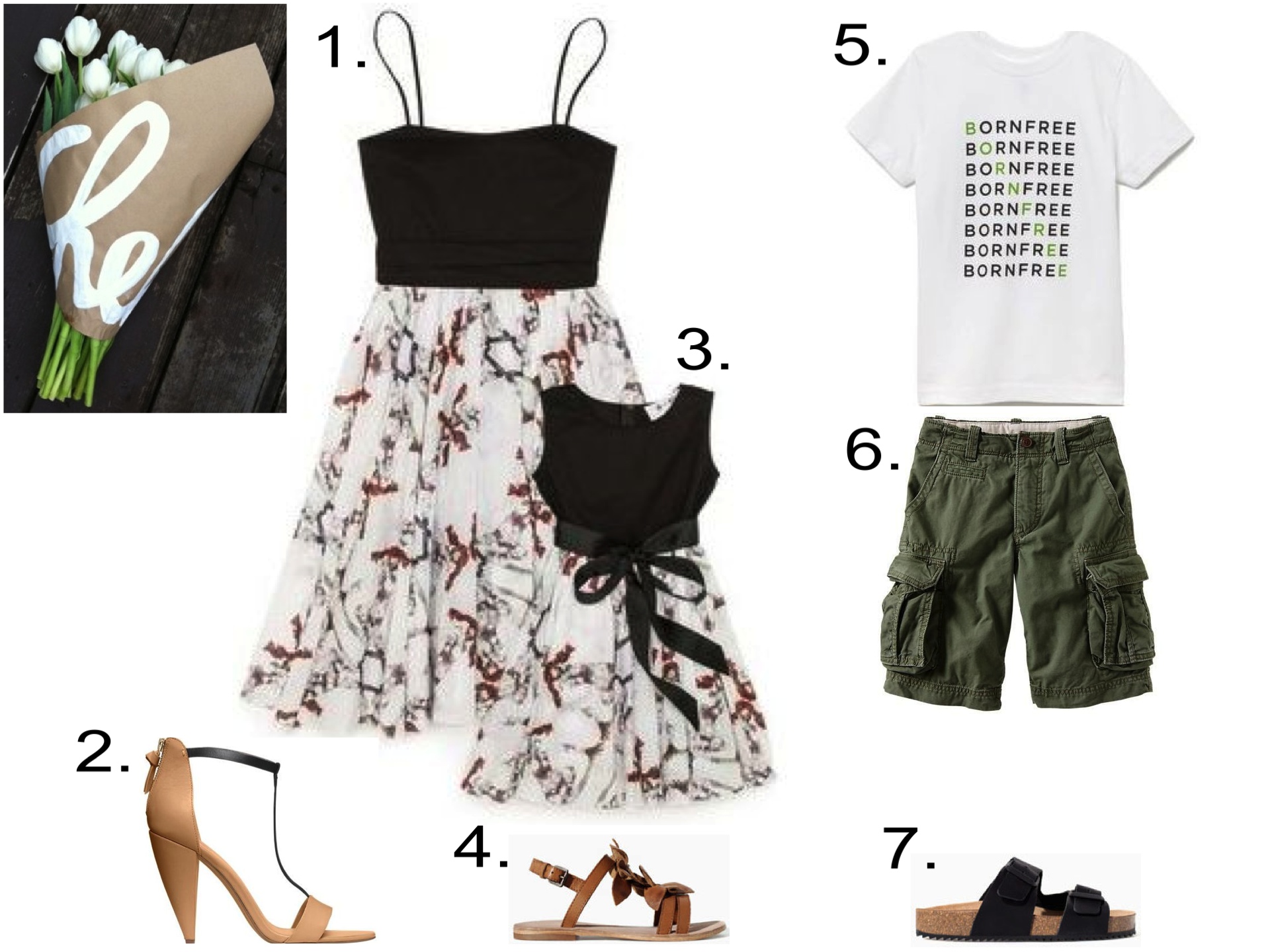 Shopbop + Born Free... 1. Born Free Marchesa Party Dress | 2. Kate Spade Saturday TWO-TONE T-STRAP SANDALS | 3. Born Free Marchesa Child's Party Dress | 4. Zara LEATHER SANDAL WITH FLOWERS | 5. Born Free Born Free Child's Tee | 6. GAP Cargo shorts | 7. Zara SANDAL WITH BUCKLES