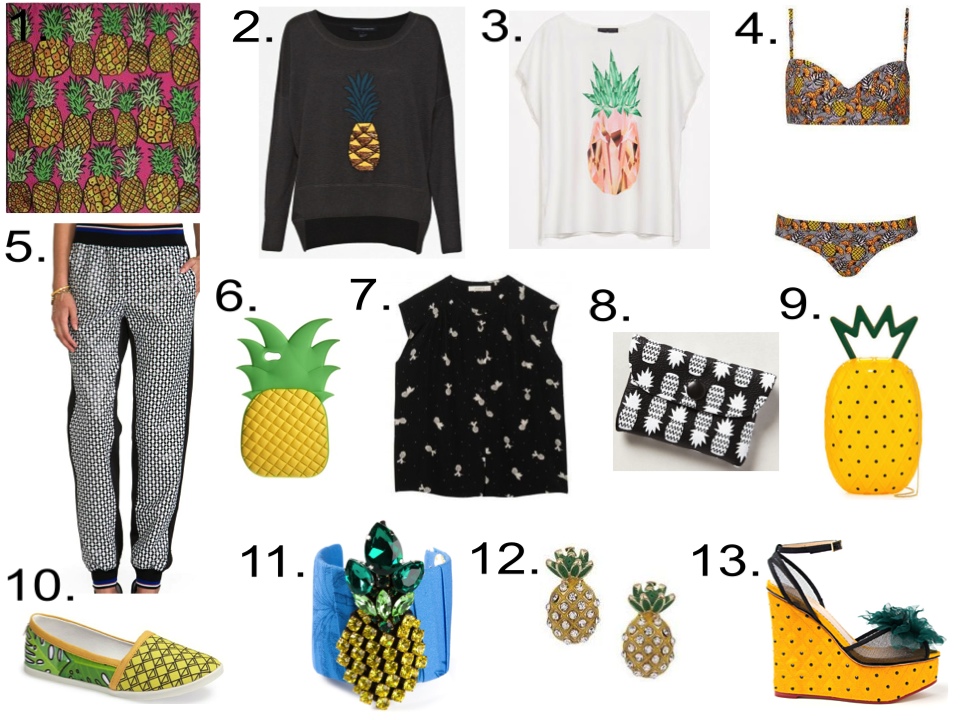 Pineapples for you!... 1. ANNA CORONEO Scarf | 2. French Connection Jumper | 3. Zara T-Shirt | 4. TOPSHOP Bikini | 5. CLOVER CANYON Pants | 6. ASOS iPhone 5 Case | 7. Sessùn Shirt | 8. Falconwright Cardholder | 9. Charlotte Olympia Acrylic Shoulder Bag | 10. DV8 by Dolce Vita Slip-On | 11. STELLA JEAN Cuff | 12. TOPSHOP Earrings | 13. Charlotte Olympia Wedge