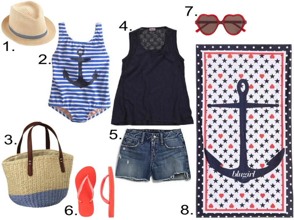 Kicking off Summer in Style... Girls... 1. J.Crew KIDS' STRIPE BAND TRILBY HAT 2. J.Crew GIRLS' PAINTED ANCHOR STRIPE TANK 3. baby GAP Colorblock straw tote 4. Splendid Lace + Slub Tank Top Tunic 5. Ralph Lauren Girl's Cutoff Shorts 6. KIDS' HAVAIANAS® SLIM FLIP-FLOPS 7. GIRLS' SELIMA OPTIQUE® FOR CREWCUTS HEART SUNGLASSES 8. BLUGIRL BEACHWEAR PRINTED COTTON TERRYCLOTH BEACH TOWEL