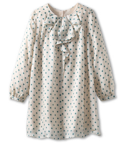 This Chloe Kids Printed Silk Dress w/ Ruffle Front Detail is a stylish statement dress with cascading Bow at the collar. It also has long sleeves with banded cuffs and polka dot print. This is the dress I wish came in my size... I LOVE this dress!