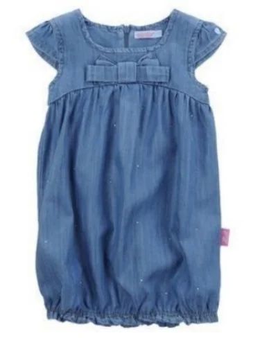This MIRTILLO Dress is in light weight denim with a square neckline, short sleeves, logo detail, rhinestone detailing, embroidery, elastic bottom, and a Bow at the front. 