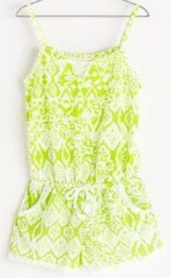 This Zara ETHNIC PRINT JUMPSUIT is in a fun lime green ikat print with cotton lace trim at neck, pockets edges and leg openings. It also has a drawcord trimmed with tassels and lime green thread at the waist for a cute fit.