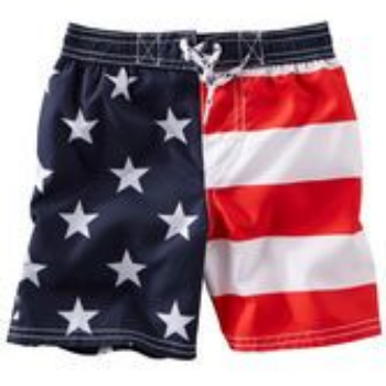 These OshKosh B'Gosh FLAG PRINT SWIM TRUNKS announce your little one is ready for Independence Day in these red, white and blue trunks. Screen printed with stars and stripes, these trunks are perfect for a festive pool party.