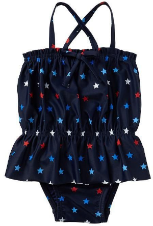 This GAP Printed peplum one-piece has spaghetti straps crisscross at back, ruffle trim and decorative bow at straight neckline, flared peplum hem, and allover Star Print. This is a perfect Swimsuit for your All American Girl!