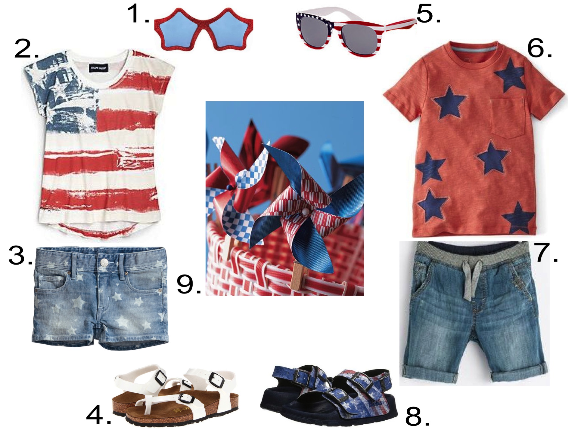 1. Party City Red Star Sunglasses 2. Ralph Lauren American Flag Tee 3. H&M Little Girl's Denim Shorts 4. Birkenstock 'Taormina' Patent Sandal 5. Gymboree American Flag Sunglasses 6. 'Reverse Appliqué' T-Shirt 7. Zara Shorts with Elastic Waist 8. Birkenstock Kids Aruba Stars & Stripes 9. Summer Activities for Kids 'Clothespin Pinwheel'