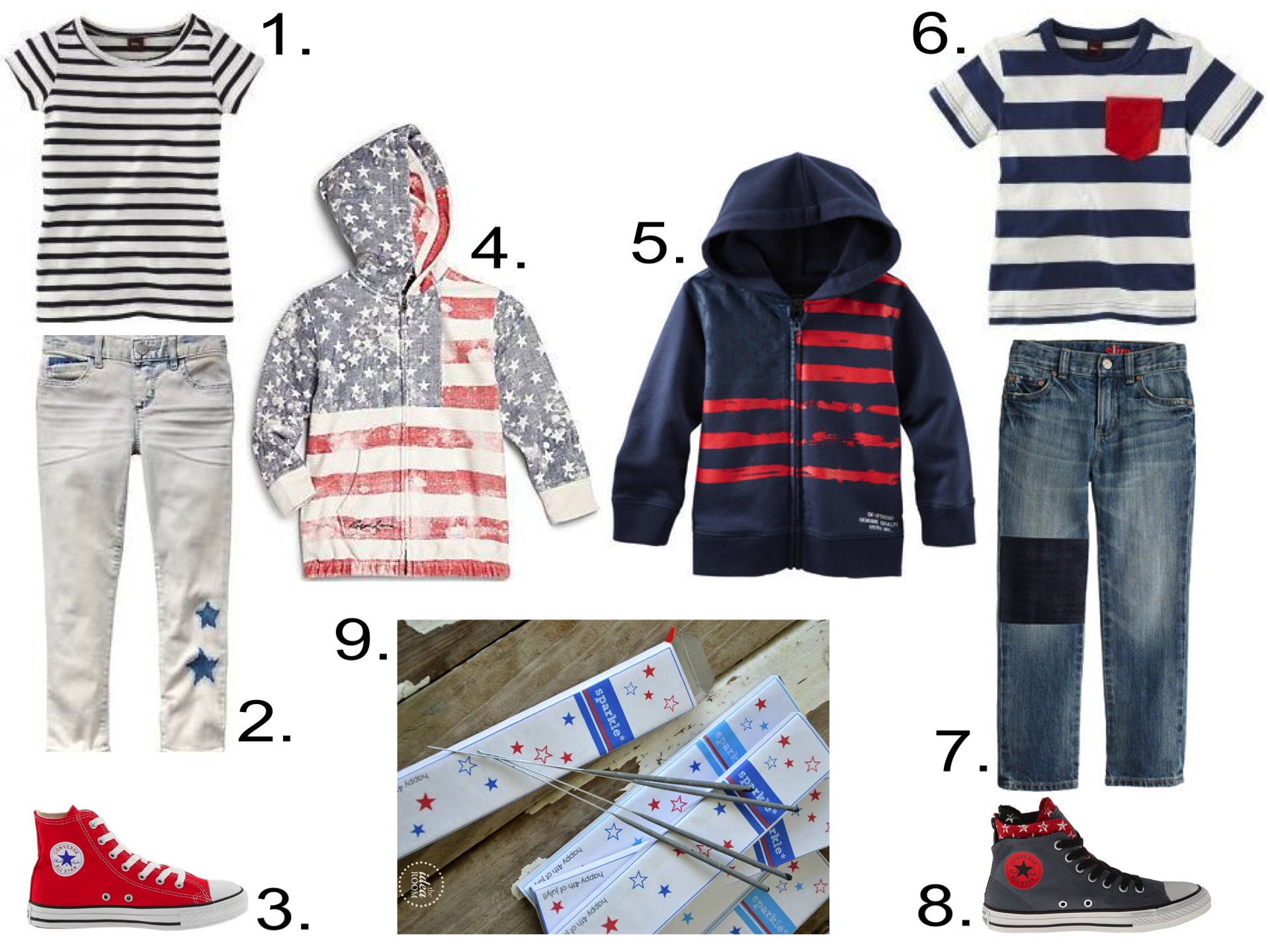 1. Tea Collection Maritime Stripe Tee 2. Gap 1969 starry super skinny skimmer jeans 3. Converse Chuck Taylor® All Star® Core Hi 4. Ralph Lauren American Flag Hoodie 5. OshKosh B'gosh STRIPED HOODIE 6. Tea Collection Maritime Stripe Pocket Tee 7. J.Crew SLIM PATCHWORK JEAN 8. Converse Chuck Taylor® All Star Zip Back Hi 9. Fourth of July Printables- Sparkler Box Labels