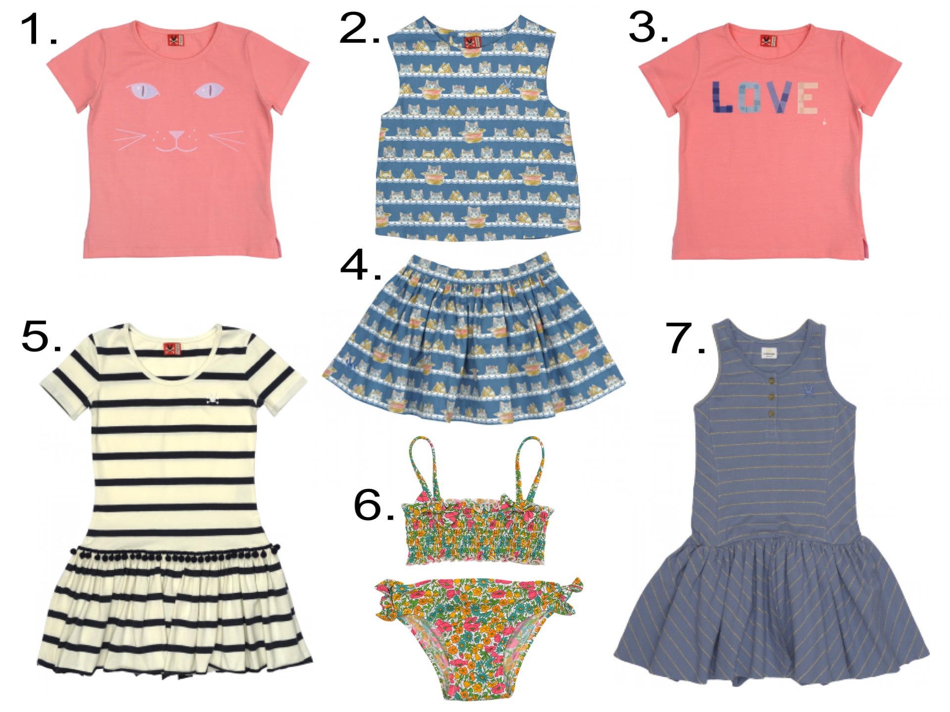 Favorite Girls' Sale @ noaddedsugar.com 1. Cat T-Shirt 2. Peeking Tom Top 3. Love T-Shirt 4. Peeking Tom Skirt 5. Meringue Stripe Dress 6. Liberty Swim 2- PC 7. Stormy Gold Dress