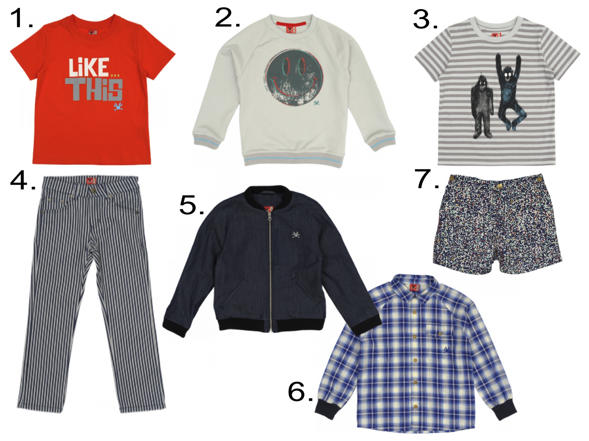 Favorite Boys' Sale @ noaddedsugar.com 1. Like This T-Shirt 2. Good Trip Sweatshirt 3. Shaggy Monster T-Shirt 4. Stripe Pants 5. Buffalo Stance Jacket 6. Picnic Check Shirt 7. Liberty Shorts