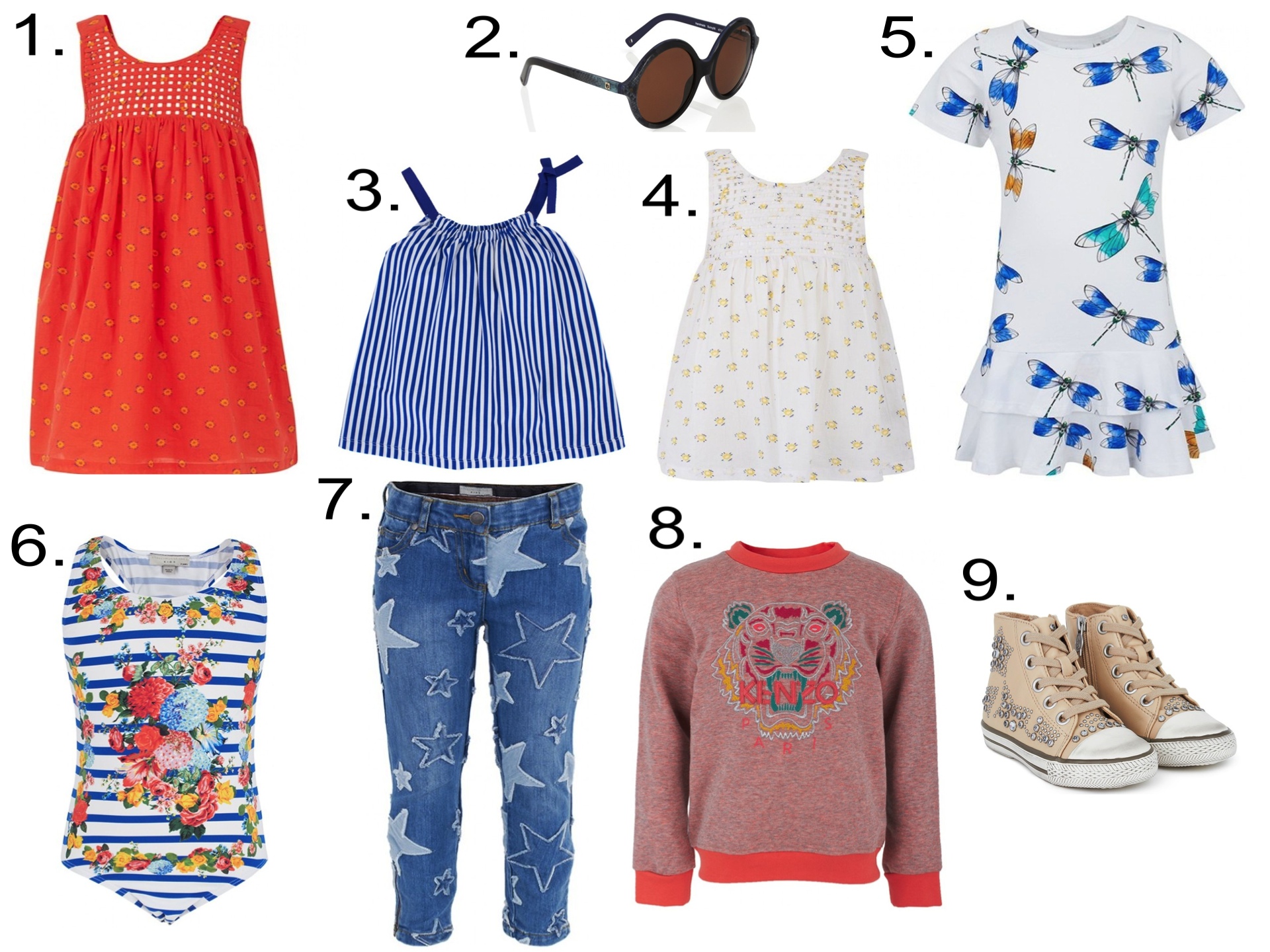 Favorite Girls' Sale @ alexandalexa.com 1. Stella McCartney Kids Sleeveless Dress 2. Zoobug Snakeskin Print Sunglasses 3. Petit Bateau Stripe Top 4. Stella McCartney Kids Bib Detailing Top 5. Mini Rodini Dragonfly Print Ruffle Dress 6. Stella McCartney Stripe Flower Swimsuit 7. Stella McCartney Kids Stars Skinny Fit Jeans 8. Kenzo Melange Tiger Sweatshirt 9. Ash Beige Leather Star Studded High-Tops 