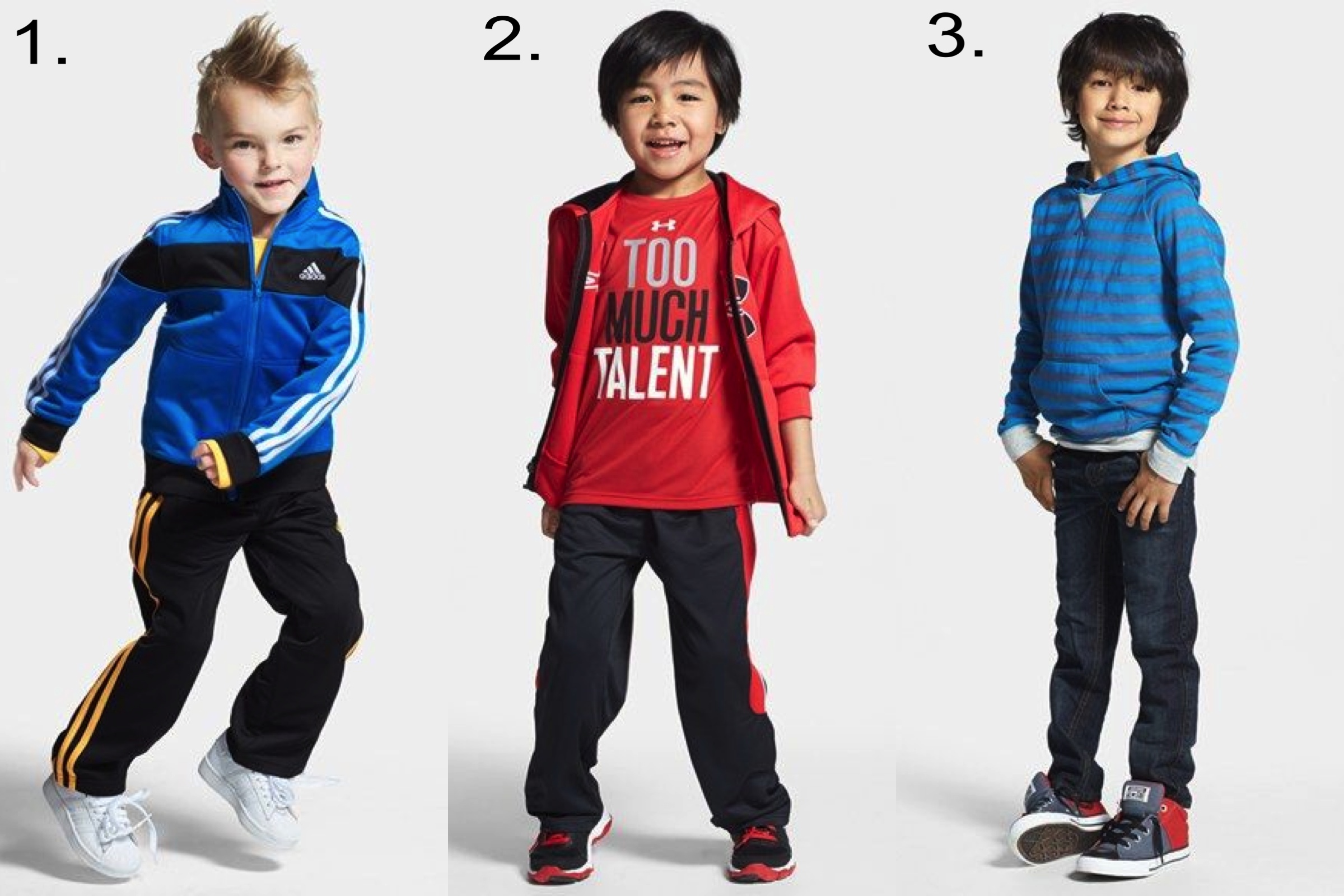 Favorite Boys' Sale @ nordstrom.com 1. adidas Track Jacket & Track Pants 2. Under Armour Zip Hoodie & Training Pants 3. Tucker + Tate Stripe Hoodie & Jeans