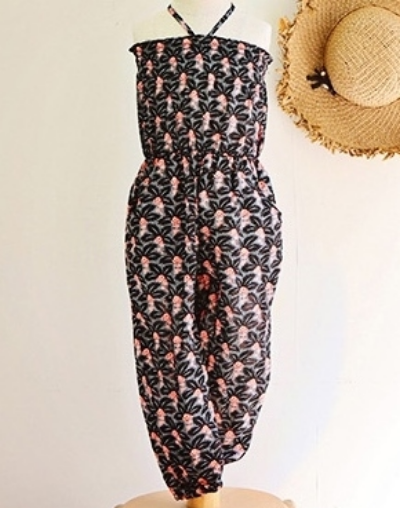Jujubunnyshop Amber Karina Overall - This adorable Jumpsuit comes in Black with Coral Flower Print (above) or Brown with Lime Green Flower Print (photo at top).