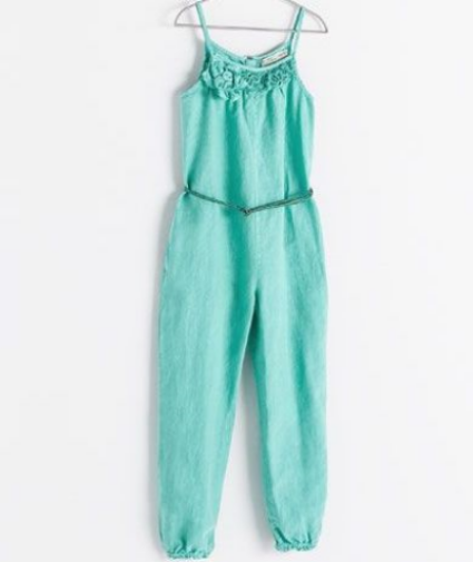Zara JUMPSUIT WITH BELT - This Bright Sea Green Jumpsuit has lace and 3-D flowers at the neckline and a braided belt at the waist.