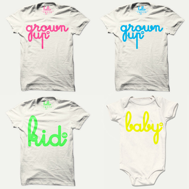 Hello Apparel Neon Organic Family Items - I love these Grown Up, Kid & Baby Graphic T-Shirts/Onesies printed on Natural Organic Fine Jersey Cotton. I want these for my family- I love mini me looks, and this is a super cool way to match your little one! I see a photo opportunity here!