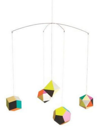 ARTECNICA 'Themis' Mobile - This is a delicate geometric mobile inspired by planets and polyhedra alike. Composed of five multifaceted paper ornaments, the mobile rotates in a striking mélange of rich neutrals and vivid neons—making the design perfect for both a timeless or a contemporary nursery.