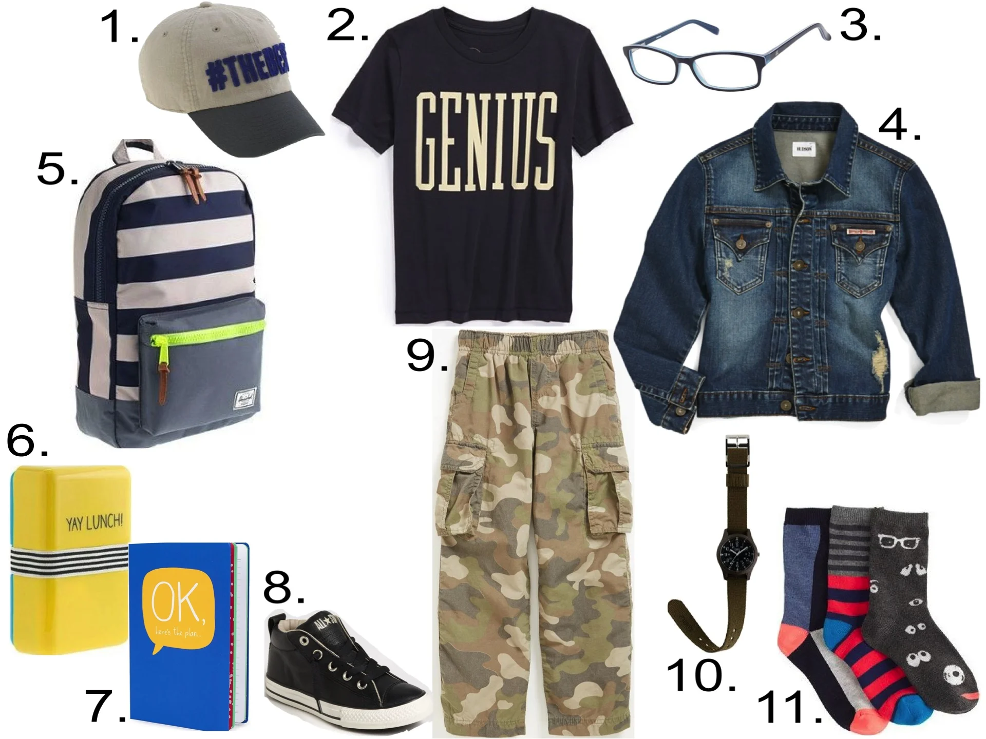 His 1st Day of School...1. J.Crew #THEBEST BASEBALL CAP2. Peek 'Genius' Graphic T-Shirt3. Zooventure Gummy Eyewear4. Hudson Kids Jean Jacket5. HERSCHEL SUPPLY CO.® FOR CREWCUTS BACKPACK6. HAPPY JACKSON™ YAY LUNCH BOX7. Happy Jackson Notebook8. Conve…