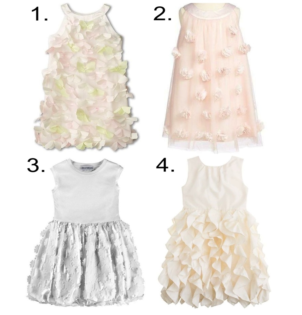 3-D floral appliqué - girly 3-D florals and ruffles made a cool comeback for spring '14 are are here to stay for fall... this pretty trend is 100% flower girl approved. 1. Biscotti Fan Club Dress 2. Us Angels Embellished Dress 3. Simonetta Dress with Chiffon Flower Appliqué 4. J.Crew LYLA DRESS IN SILK TAFFETA