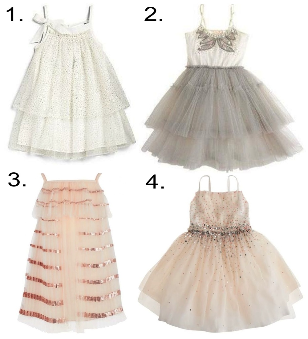 Embellished Details - beaded and bedazzeled jewels and sequins add a touch of glam to a wedding party... this sparkly trend will have your little one feeling like a Princess. 1. Lili Gaufrette Sparkle Dress 2. J.Crew TUTU DU MONDE® FEATHER DRESS 3. Chloe Sequin Tutu Dress 4. J.Crew LULABELLE DRESS