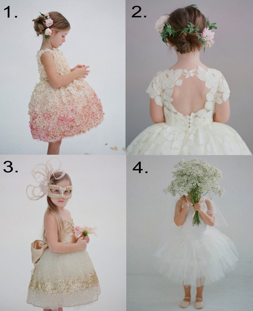 Doloris Petunia (by Courtney Prince) on etsy.com makes to order the most amazingly beautiful Flower Girl Dresses, and she has dresses in all the four trends; 3-D floral appliqué, lace, embellished details and two-piece dresses... Dolores Petunia dresses will become a heirloom for your Flower Girl to treasure forever. 1. Doloris Petunia The Pamela Flower Girl Dress 2. Doloris Petunia The Annabelle Flower Girl Dress 3. Doloris Petunia Gold Constellation Flower Girl Dress 4. Doloris Petunia The Allyson Flower Girl Tutu Skirt 