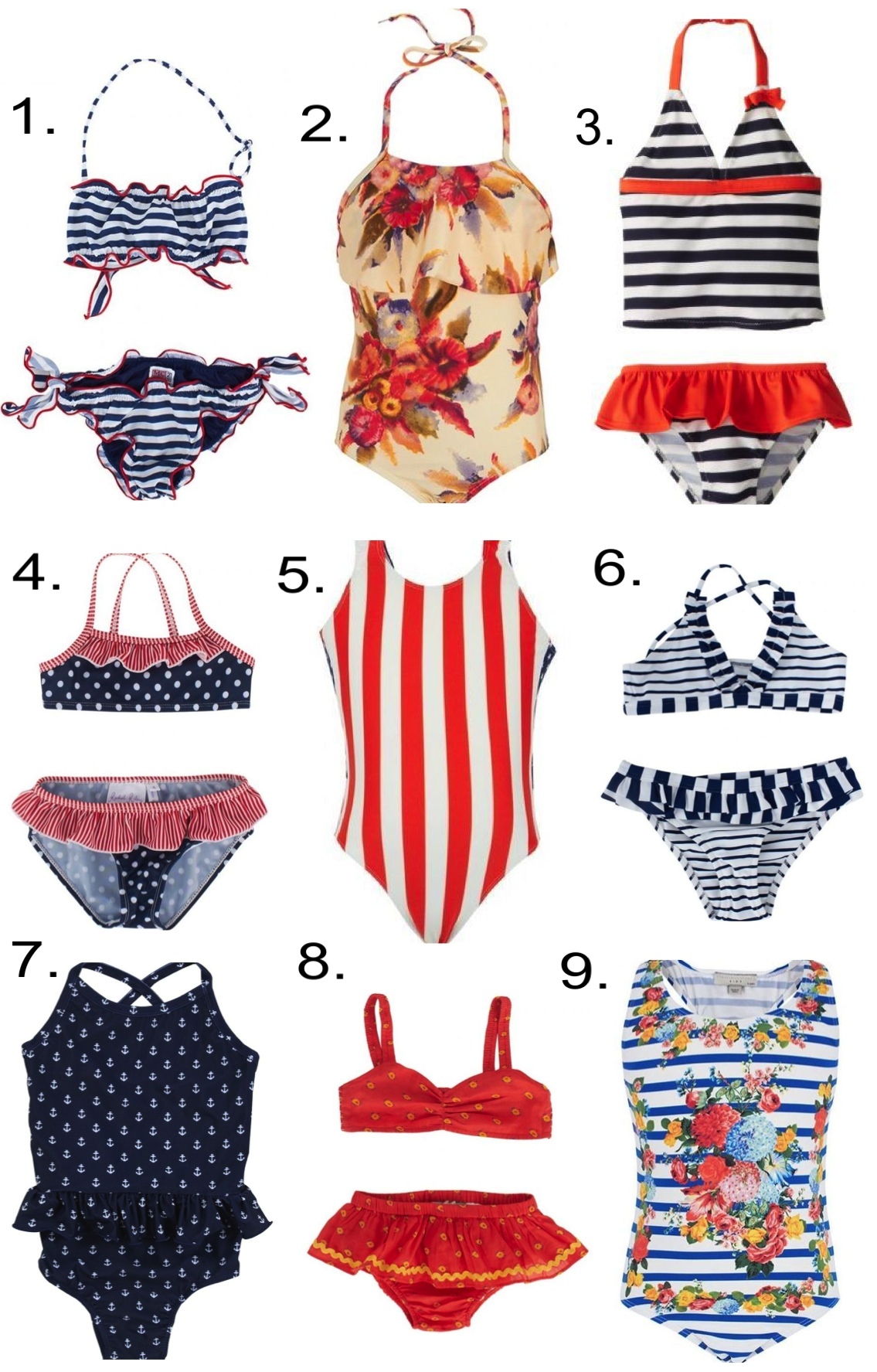 Girls Labor Day Swimsuits... 1. MC2 St Barth Nautical Bandeau Frill Two-Piece 2. Zimmermann Flare Halterneck Swimsuit 3. Osh Kosh 2 Piece Striped Tankini 4. Rachel Riley Polka Dot & Stripe Bikini 5. Finger In The Nose American Flag Swimsuit 6. Melissa Odabash Frill Stripe Bikini 7. Egg by Susan Lazar Swimsuit 8. Stella McCartney Kids Two-Piece 9. Stella McCartney Stripe Flower Swimsuit