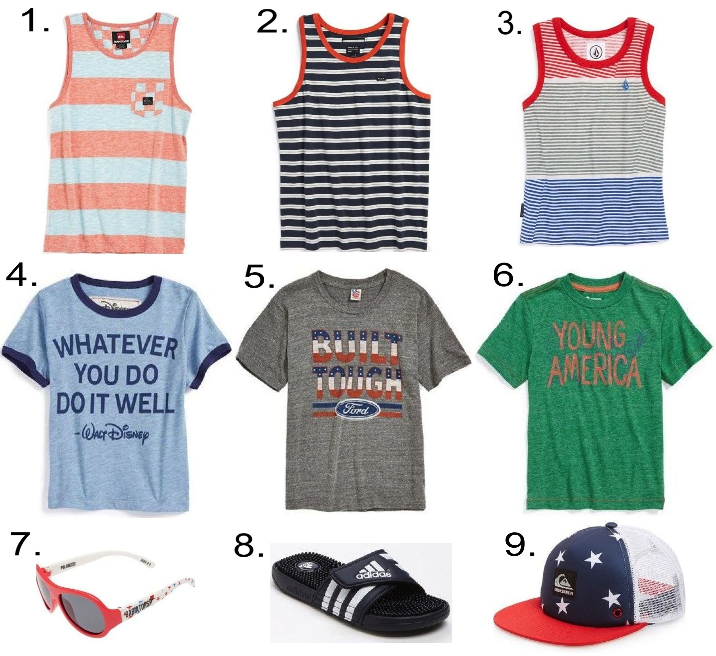 Boys Labor Day Striped Tank Tops, Statement Graphic T-Shirts and Summer Accessories... 1. Quiksilver Tank 2. RVCA Stripe Cotton Tank 3. Volcom Stripe Tank 4. Peek Graphic T-Shirt 5. Junk Food Graphic T-Shirt 6. Tucker + Tate Graphic T-Shirt 7. Babiators Polarized Sunglasses 8. adidas 'Adissage' Sandal 9. Quiksilver Trucker Hat