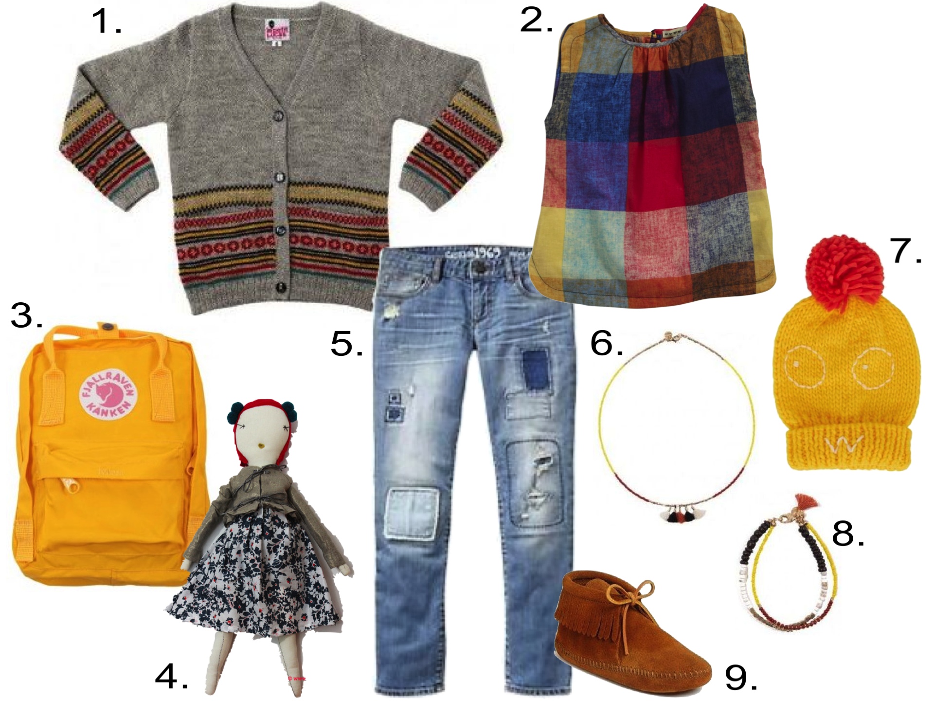 transition her pretty Plaid Sleeveless Shirt to Fall... 1. LE PETIT LUCAS DU TERTRE Cardigan 2. Anthem of the Ants Pretty Shell Top 3. FJALLRAVEN Mini Kanken Back Pack 4. JESS BROWN RAG DOLL NO. 2 5. GAP 1969 Rip & Repair super Jeans 6. POLDER Zanzibar Necklace 7. Individual Bobble Hat 8. POLDER Zanzibar Bracelet 9. Minnetonka 'Classic Fringe' Boot
