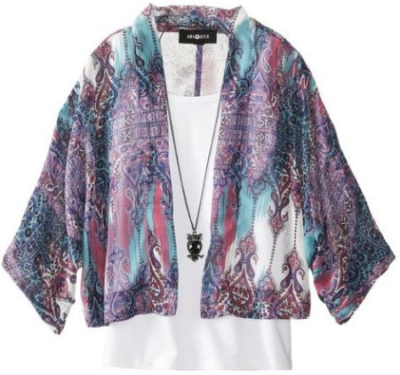 Amy Byer Chiffon Kimono with Layering Tank - Multi Color Printed Kimono with attached 2fer layered tank and necklace.