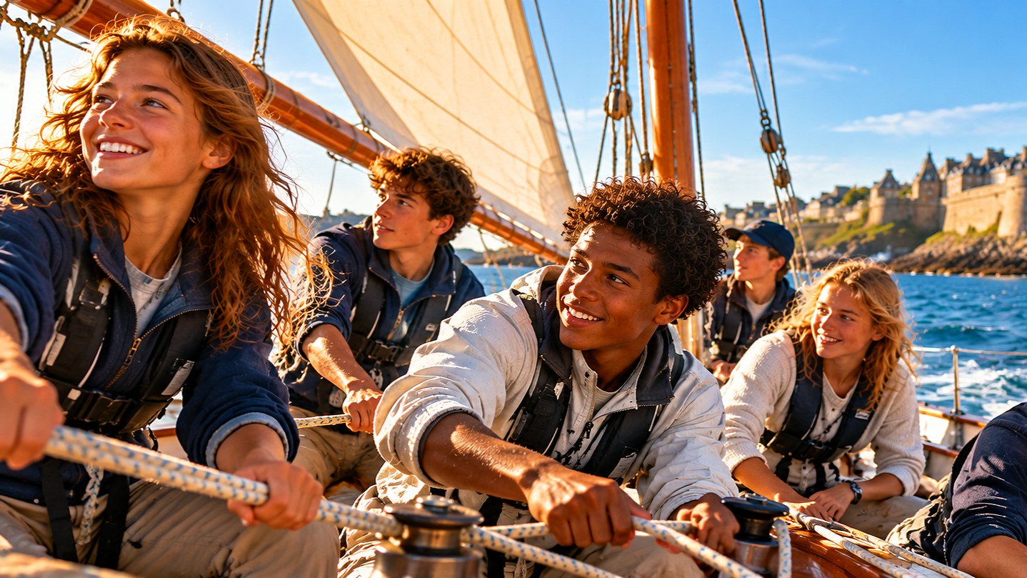 Teen Crew Sailing Past a Coastal Fortress.png