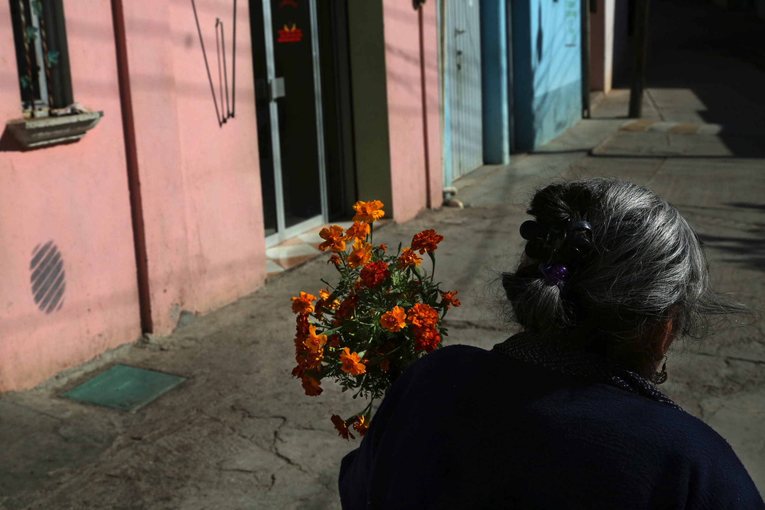  Teresa Raymundo carries flowers to a funeral in  San Juan del Rio, Oaxaca.  