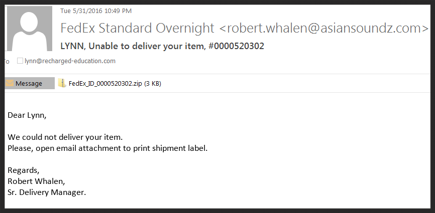 Sample of a fraudulent email