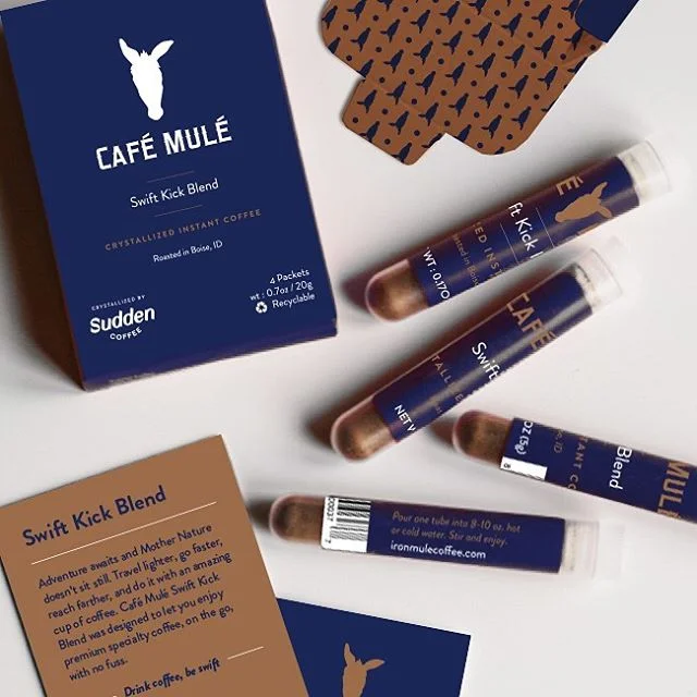 This Caf&eacute; Mul&eacute; project is the brain child of two of Idaho&rsquo;s best coffee roasters. These on-the-go crystallized instant coffee tubes let you bring specialty coffee with you anywhere. #packagingdesign #seattlegraphicdesigner #boiseg