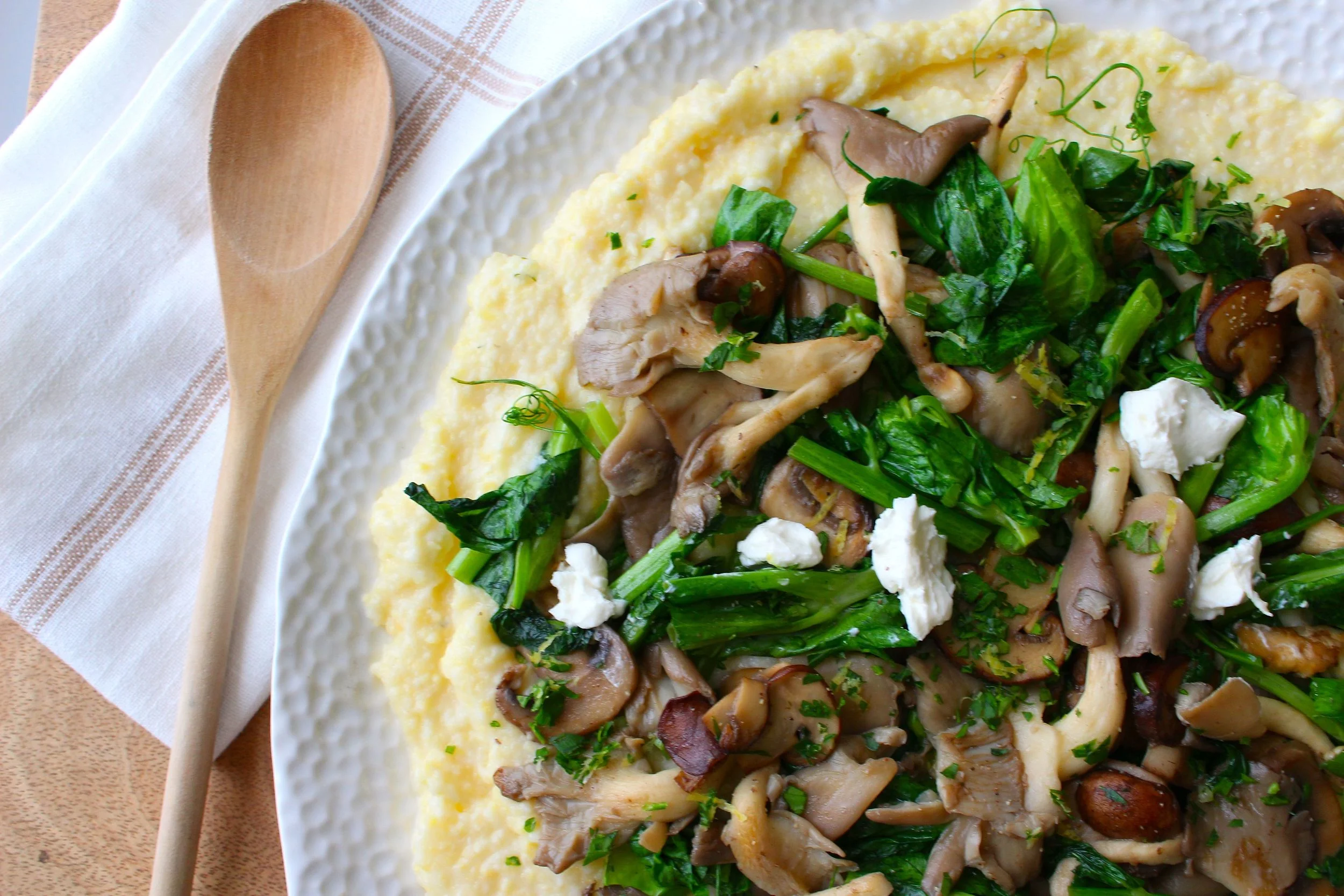 Mascarpone Polenta with Mushrooms, Greens and Gremolata
